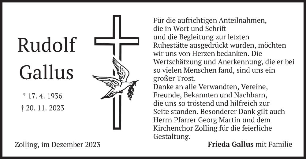  Traueranzeige für Rudolf Gallus vom 30.12.2023 aus merkurtz