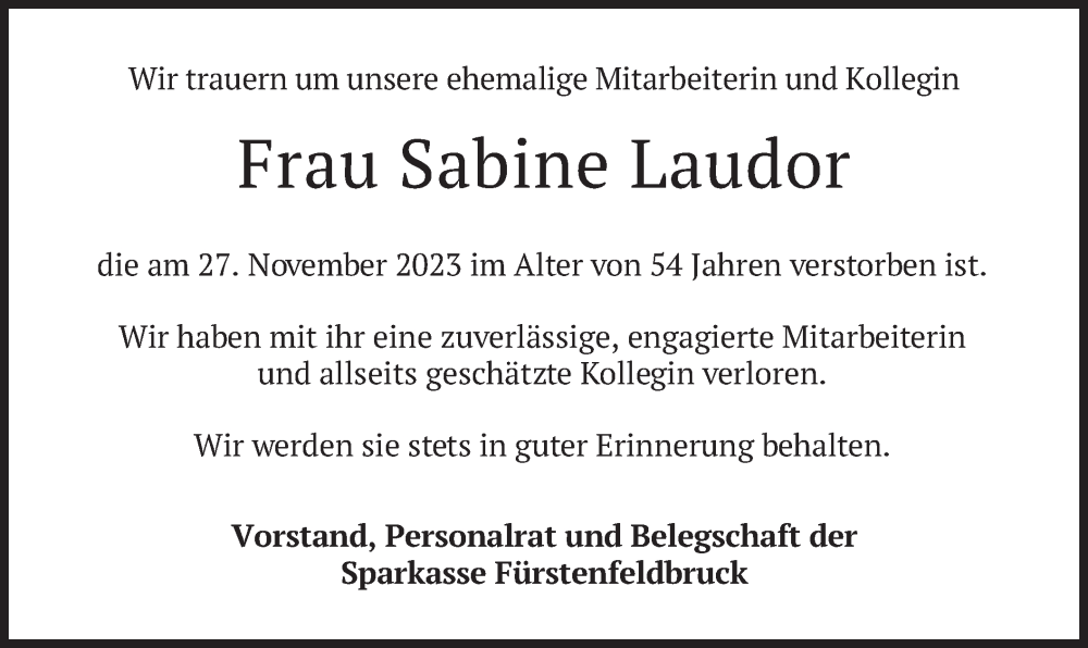  Traueranzeige für Sabine Laudor vom 20.12.2023 aus merkurtz