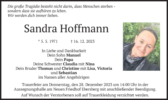 Traueranzeige von Sandra Hoffmann von merkurtz