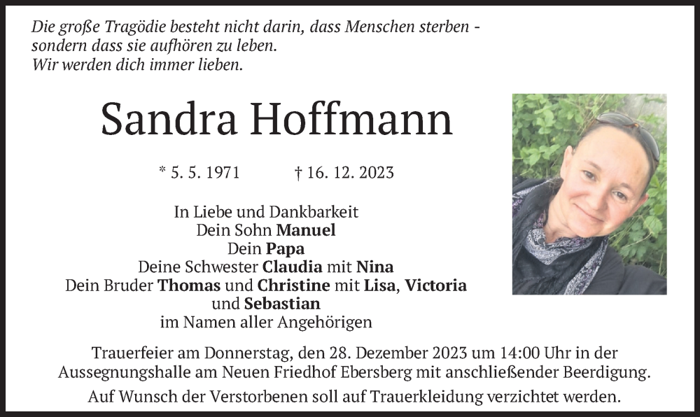  Traueranzeige für Sandra Hoffmann vom 23.12.2023 aus merkurtz