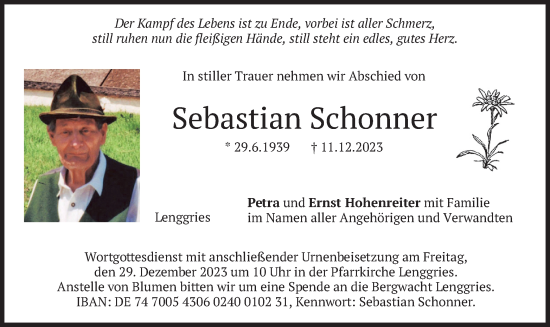 Traueranzeige von Sebastian Schonner von merkurtz