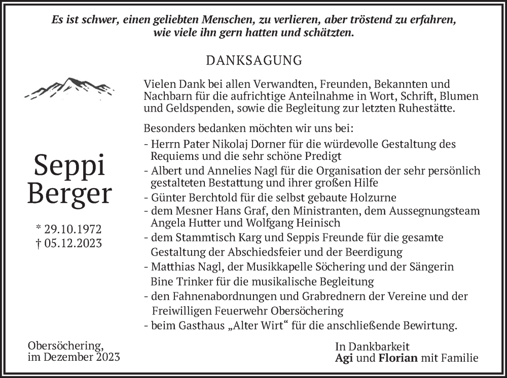  Traueranzeige für Seppi Berger vom 23.12.2023 aus merkurtz