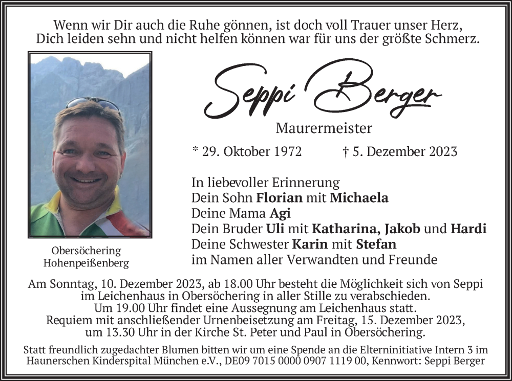  Traueranzeige für Seppi Berger vom 08.12.2023 aus merkurtz