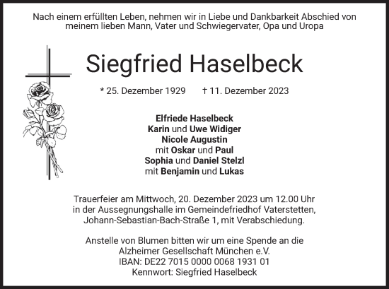 Traueranzeige von Siegfried Haselbeck von merkurtz