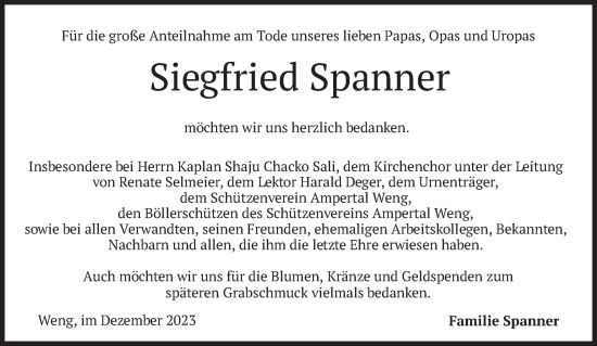 Traueranzeige von Siegfried Spanner von merkurtz