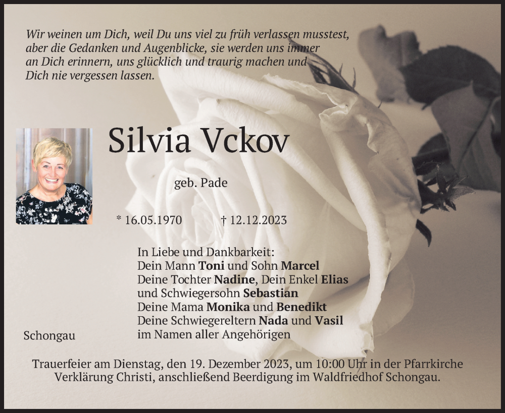  Traueranzeige für Silvia Vckov vom 16.12.2023 aus merkurtz