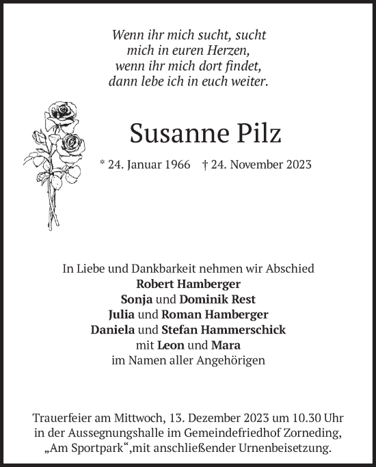 Traueranzeige von Susanne Pilz von merkurtz