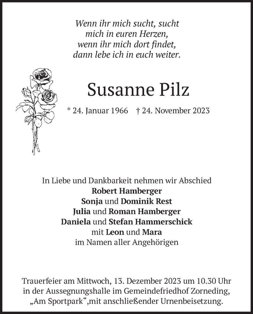  Traueranzeige für Susanne Pilz vom 11.12.2023 aus merkurtz