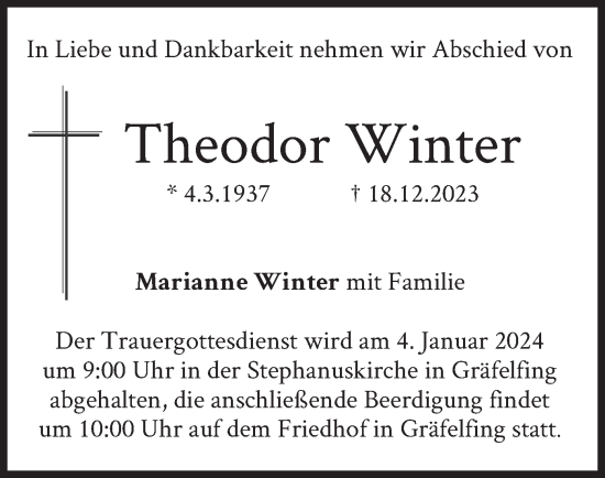 Traueranzeige von Theodor Winter von merkurtz