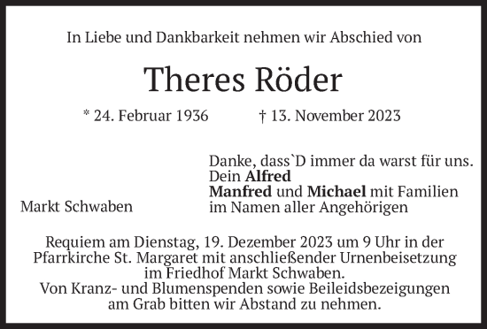 Traueranzeige von Theres Röder von merkurtz