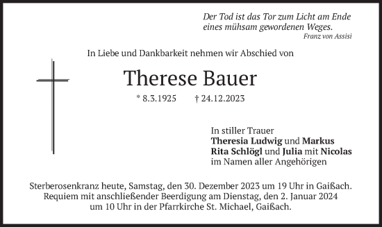 Traueranzeige von Therese Bauer von merkurtz