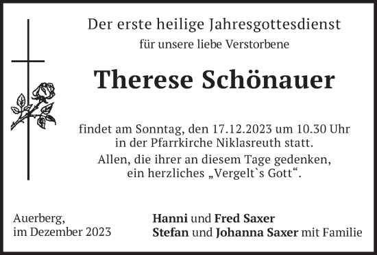 Traueranzeige von Therese Schönauer von merkurtz