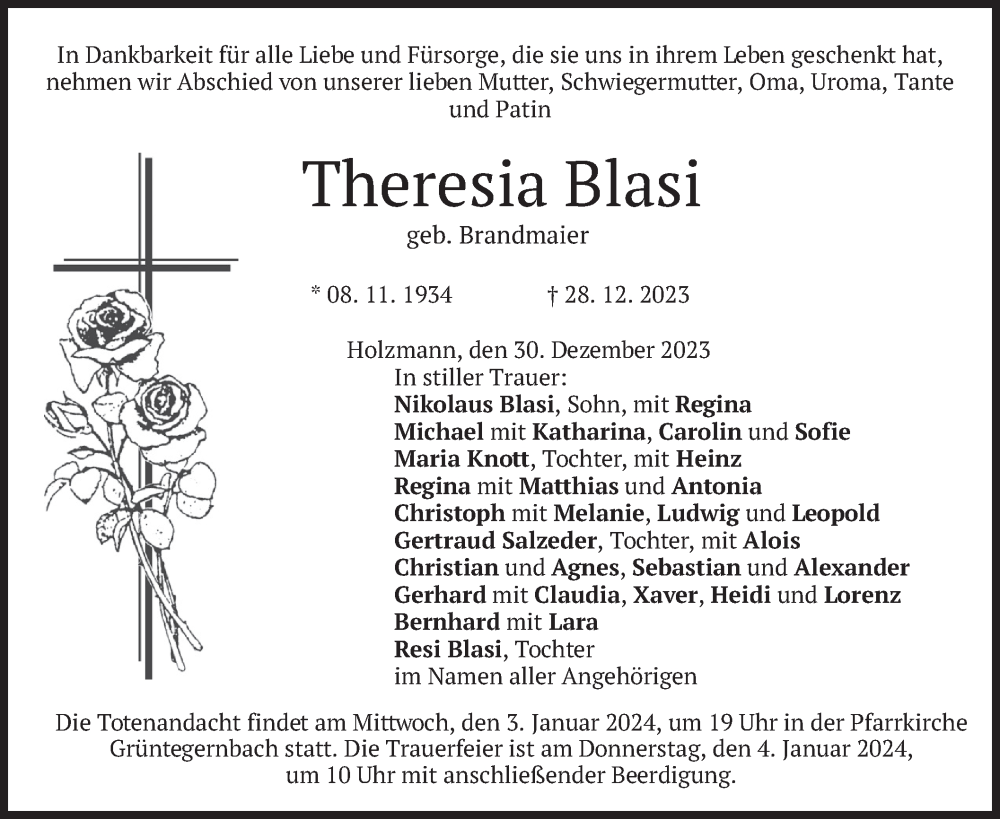  Traueranzeige für Theresia Blasi vom 30.12.2023 aus merkurtz