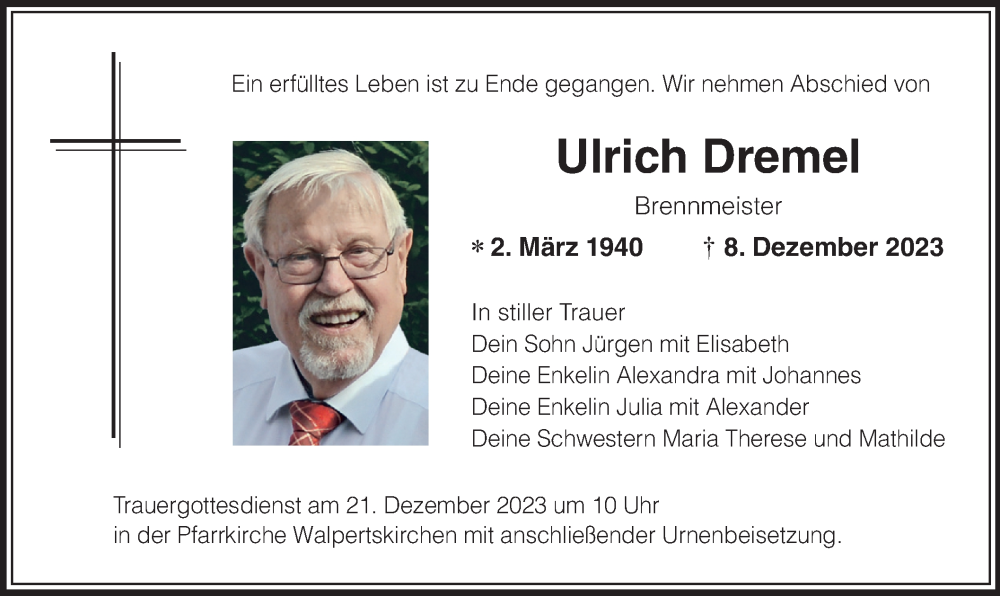  Traueranzeige für Ulrich Dremel vom 16.12.2023 aus merkurtz