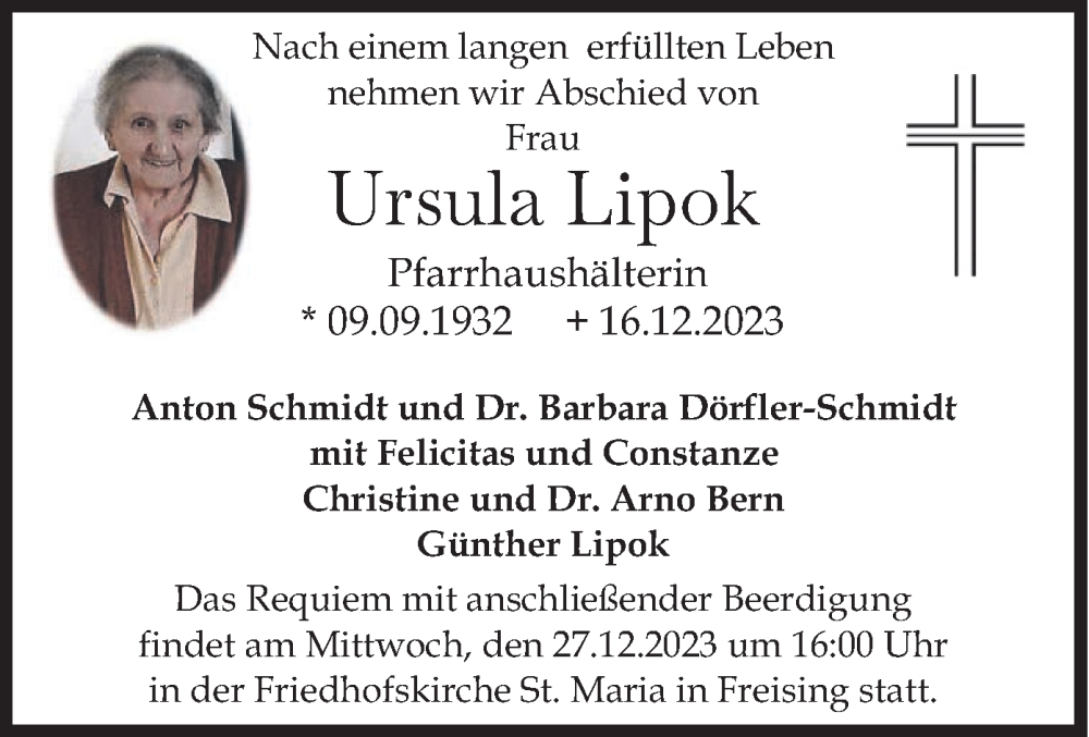  Traueranzeige für Ursula Lipok vom 23.12.2023 aus merkurtz