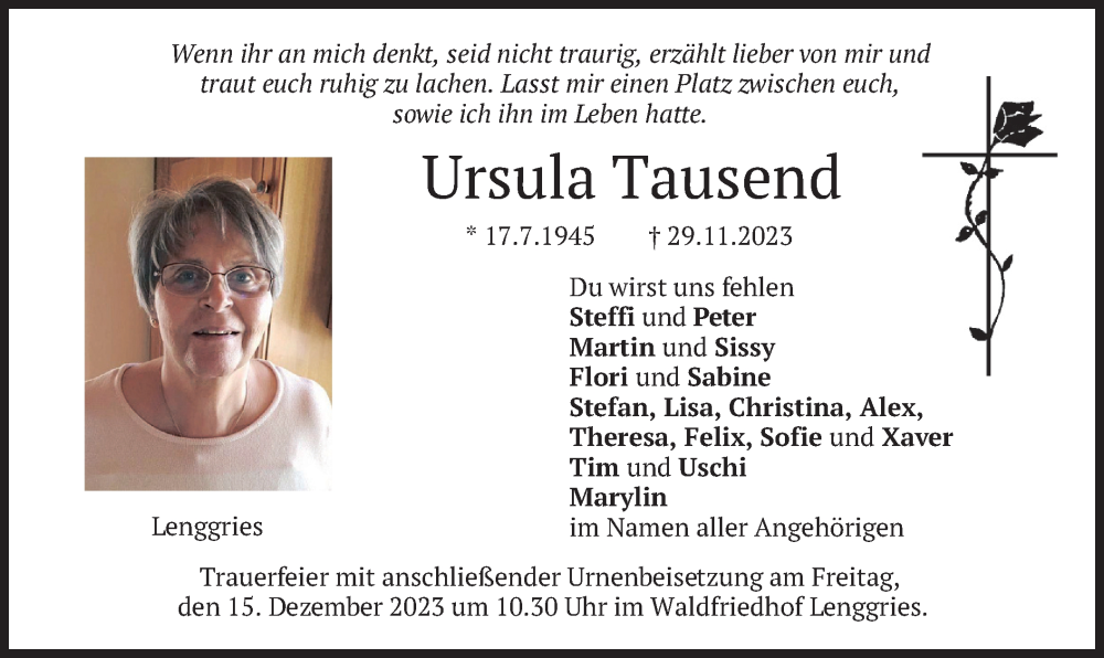  Traueranzeige für Ursula Tausend vom 13.12.2023 aus merkurtz