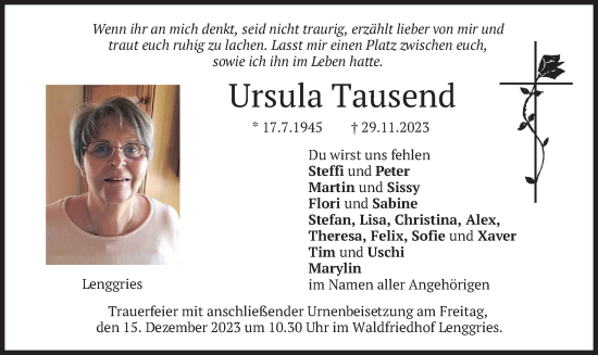 Traueranzeige von Ursula Tausend von merkurtz