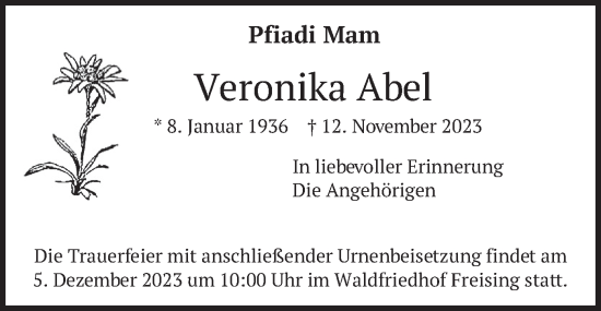 Traueranzeige von Veronika Abel von merkurtz