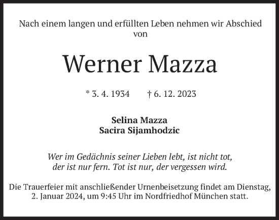 Traueranzeige von Werner Mazza von merkurtz