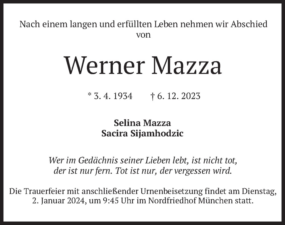  Traueranzeige für Werner Mazza vom 30.12.2023 aus merkurtz