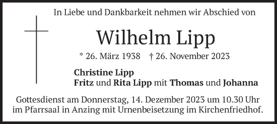 Traueranzeige von Wilhelm Lipp von merkurtz