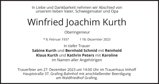 Traueranzeige von Winfried Joachim Kurth