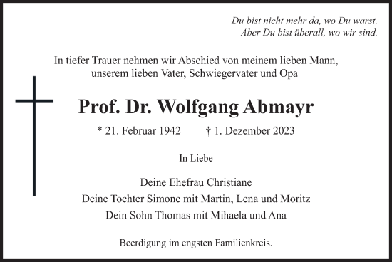Traueranzeige von Wolfgang Abmayr von merkurtz