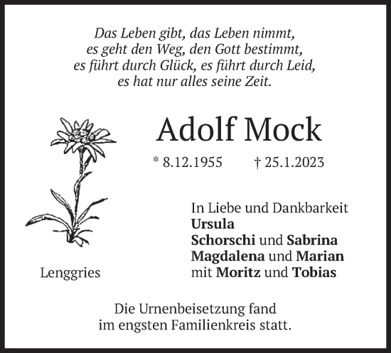 Traueranzeige von Adolf Mock von merkurtz