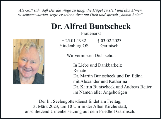 Traueranzeige von Alfred Buntscheck von merkurtz