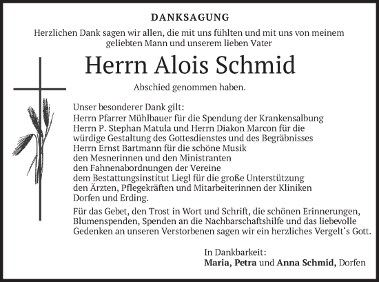 Traueranzeige von Alois Schmid von merkurtz