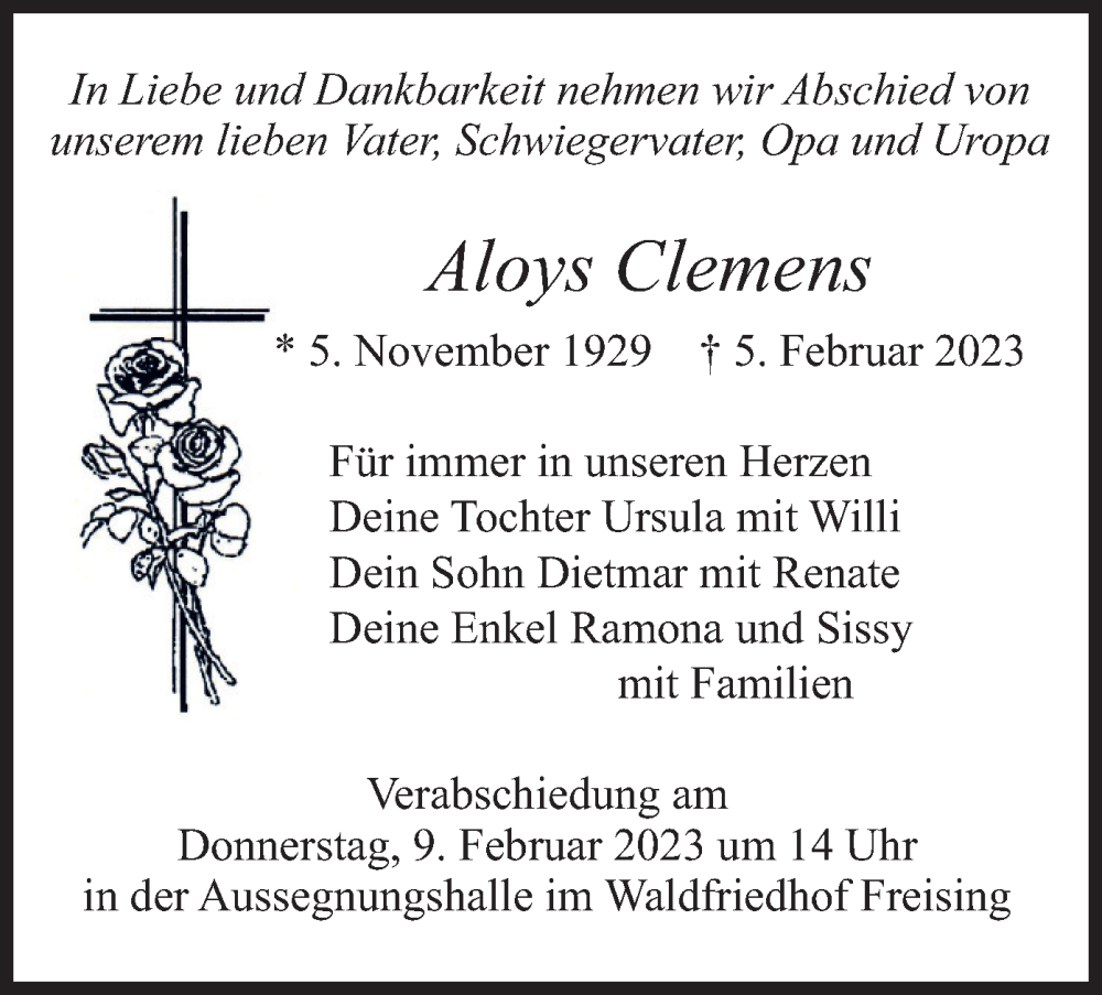  Traueranzeige für Aloys Clemens vom 08.02.2023 aus merkurtz