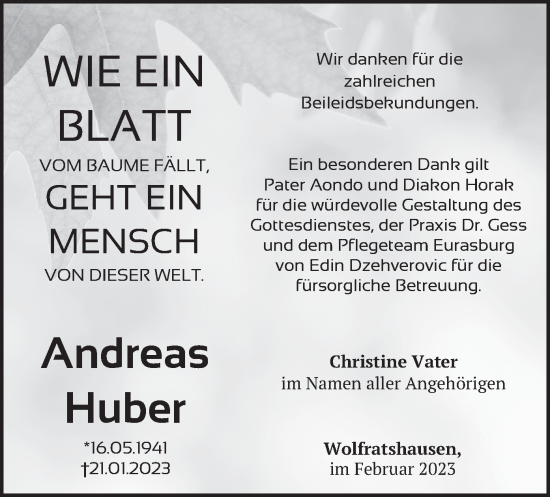 Traueranzeige von Andreas Huber von merkurtz