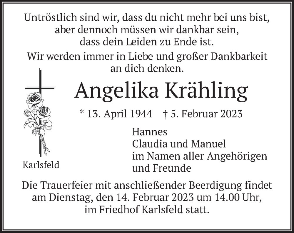  Traueranzeige für Angelika Krähling vom 11.02.2023 aus merkurtz