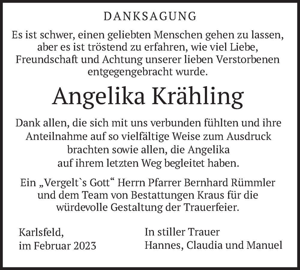  Traueranzeige für Angelika Krähling vom 18.02.2023 aus merkurtz
