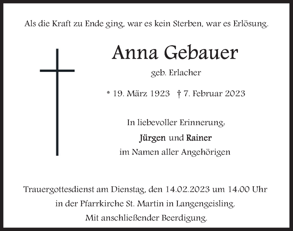 Traueranzeigen von Anna Gebauer | trauer.merkur.de