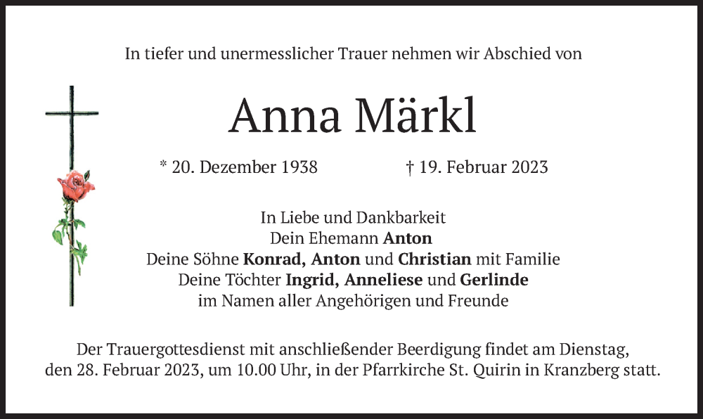  Traueranzeige für Anna Märkl vom 25.02.2023 aus merkurtz