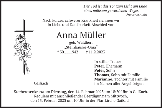 Traueranzeige von Anna Müller von merkurtz