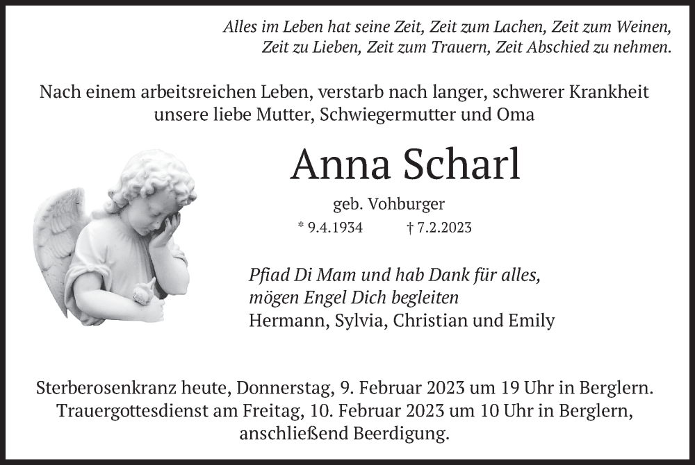  Traueranzeige für Anna Scharl vom 09.02.2023 aus merkurtz