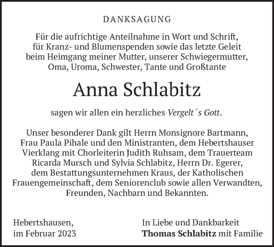 Traueranzeige von Anna Schlabitz von merkurtz