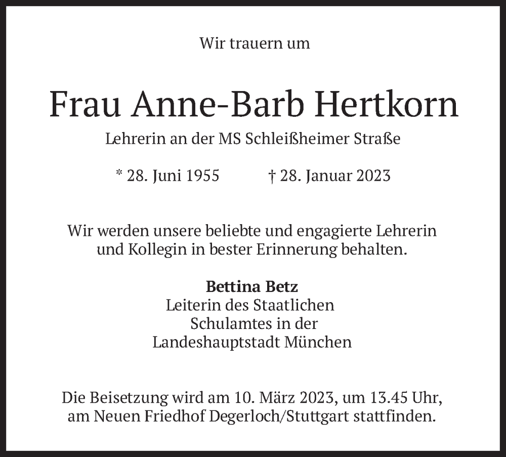  Traueranzeige für Anne-Barb Hertkorn vom 23.02.2023 aus merkurtz