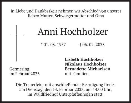 Traueranzeige von Anni Hochholzer von merkurtz