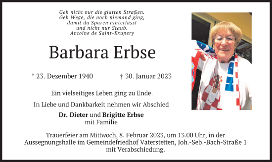 Traueranzeige von Barbara Erbse von merkurtz