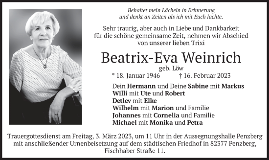 Traueranzeige von Beatrix-Eva Weinrich von merkurtz