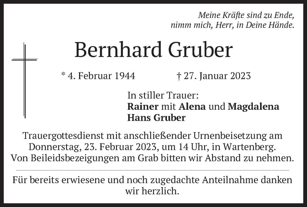  Traueranzeige für Bernhard Gruber vom 18.02.2023 aus merkurtz
