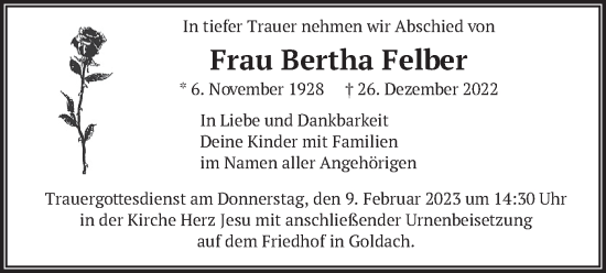 Traueranzeige von Bertha Felber von merkurtz