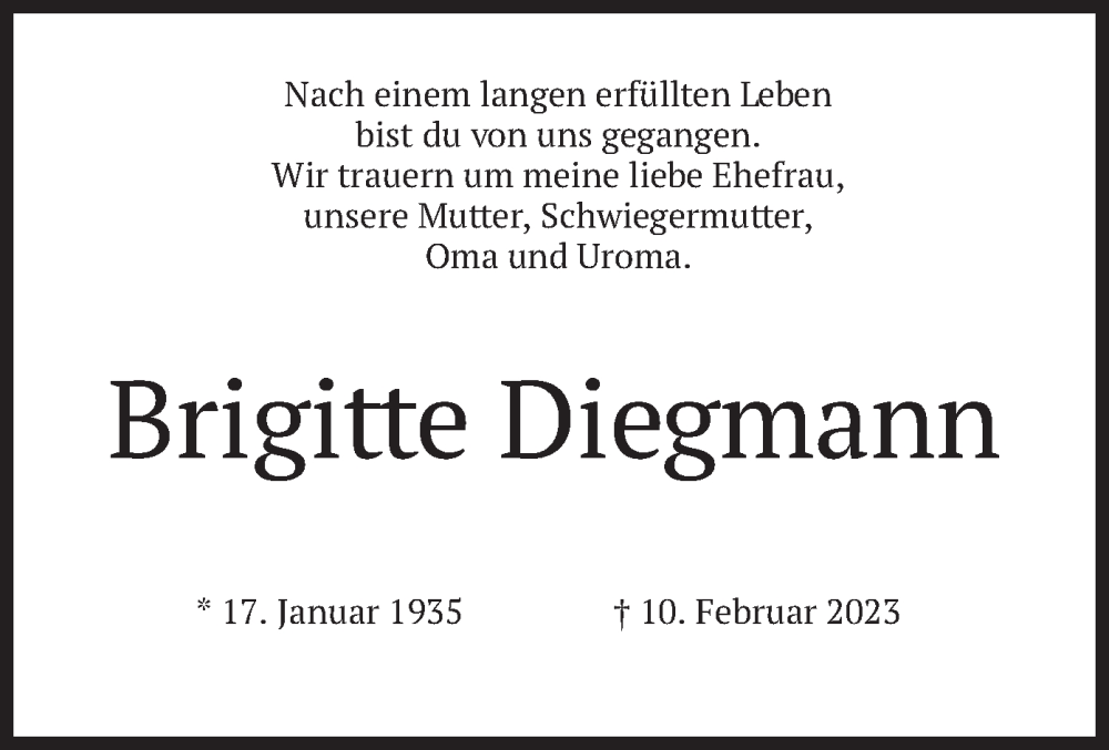  Traueranzeige für Brigitte Diegmann vom 18.02.2023 aus merkurtz