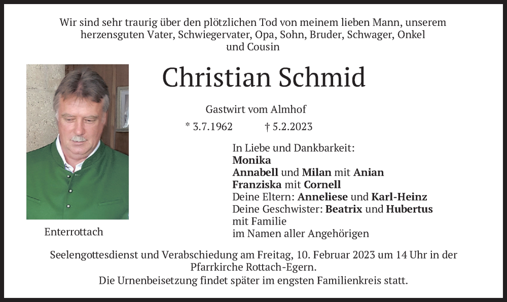  Traueranzeige für Christian Schmid vom 08.02.2023 aus merkurtz