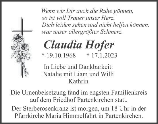 Traueranzeige von Claudia Hofer von merkurtz