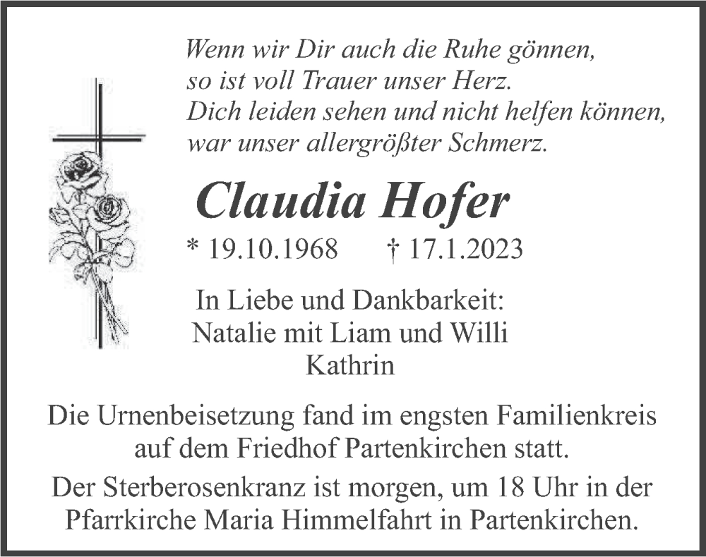  Traueranzeige für Claudia Hofer vom 18.02.2023 aus merkurtz