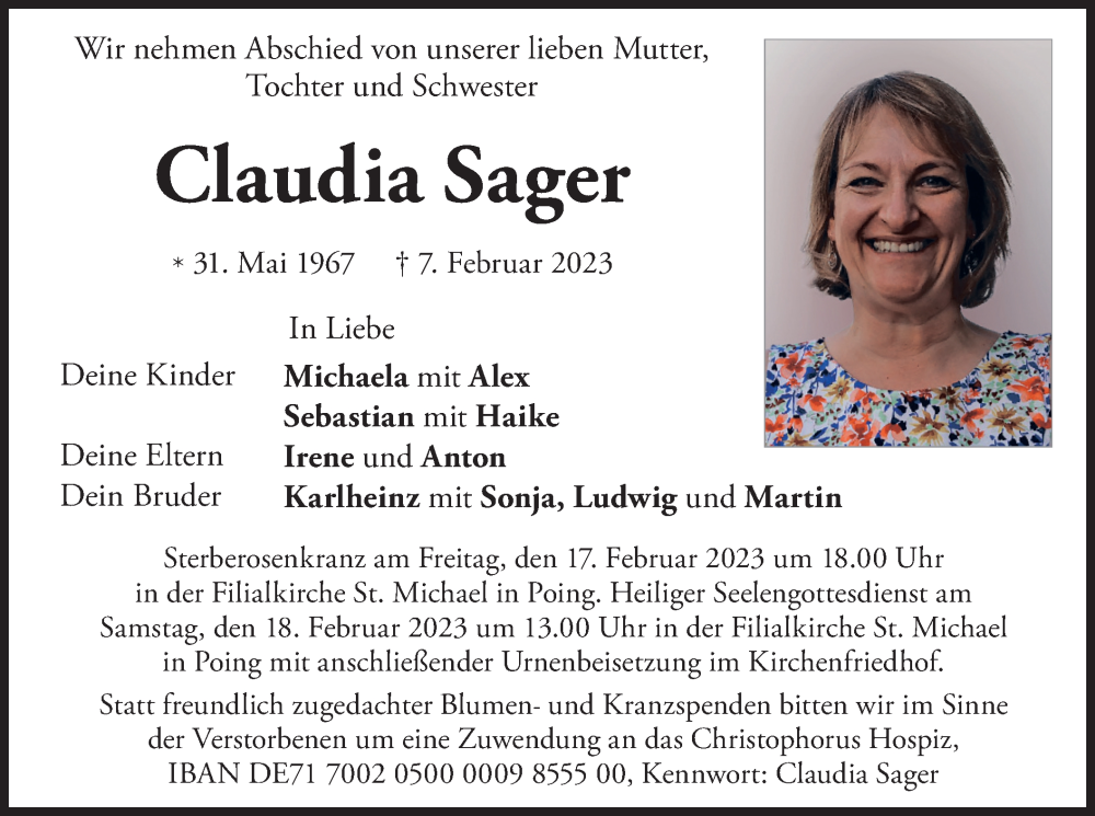  Traueranzeige für Claudia Sager vom 11.02.2023 aus merkurtz